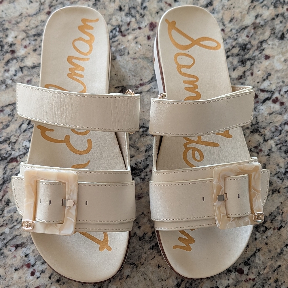 Sam Edelman Cream Slide Sandals with Leather Upper + Decorative Buckle Sz 8 NEW